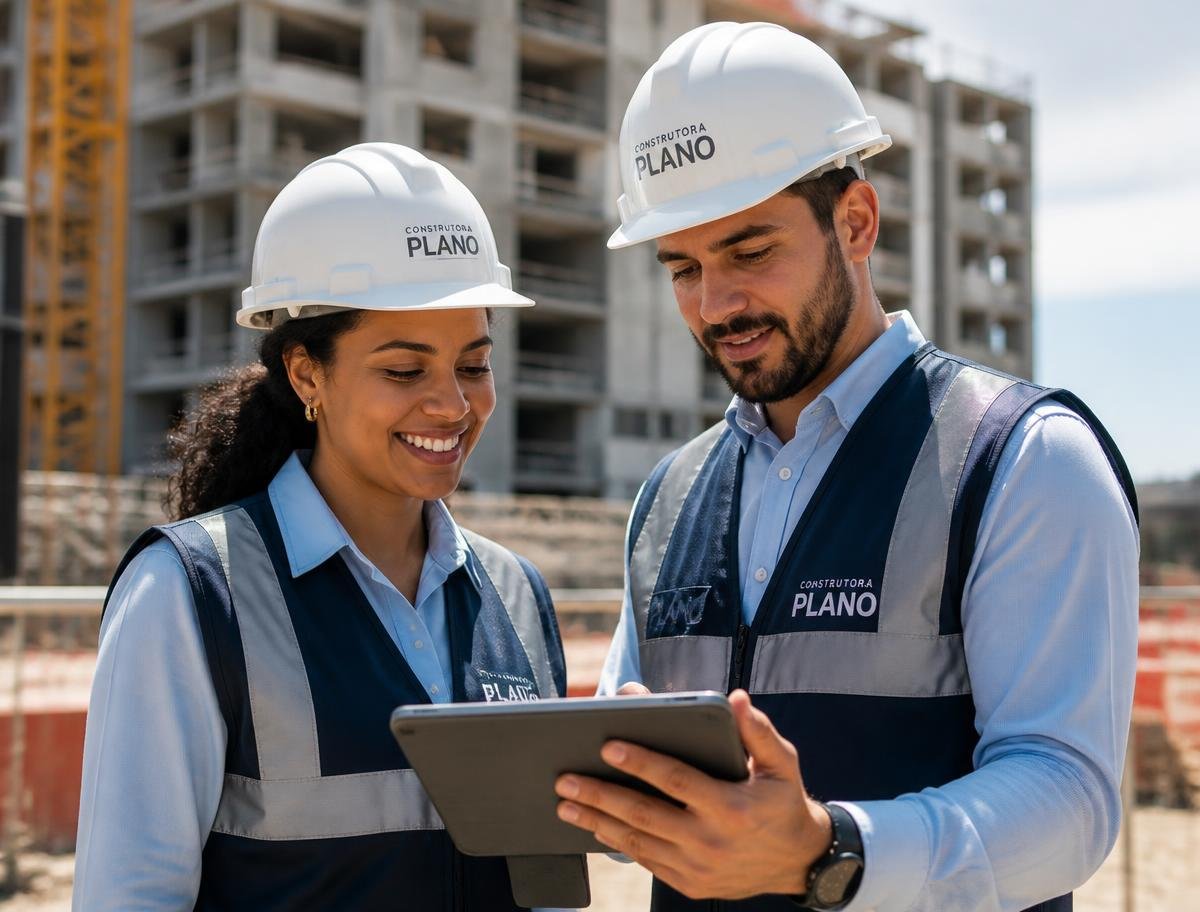 Profissionais da construção analisando uma obra